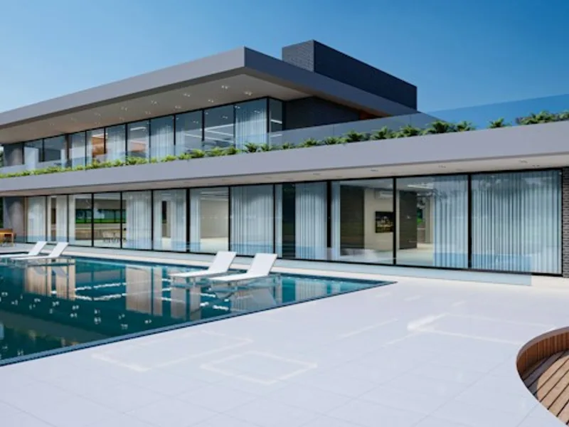 Single-story villa with a palm-lined courtyard